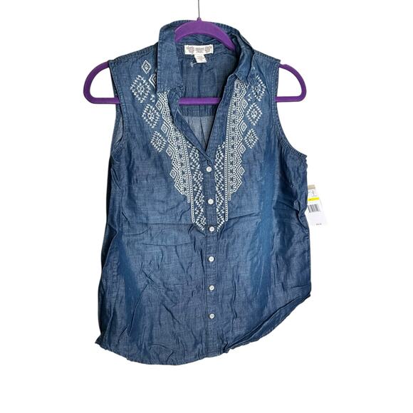 Vintage America Sleeveless Top Button-Up Embroidered Chambray Blue Size M NWT - Picture 1 of 5